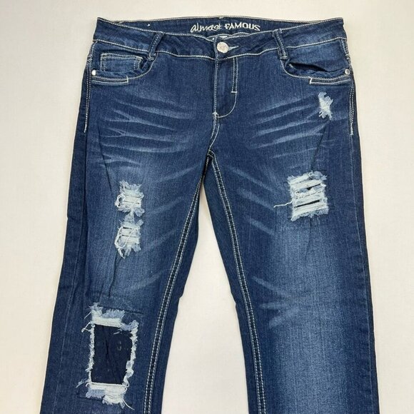 Almost Famous Womens Cropped Jeans Blue Distressed Dark Wash Low Rise Size 11 - Picture 7 of 10